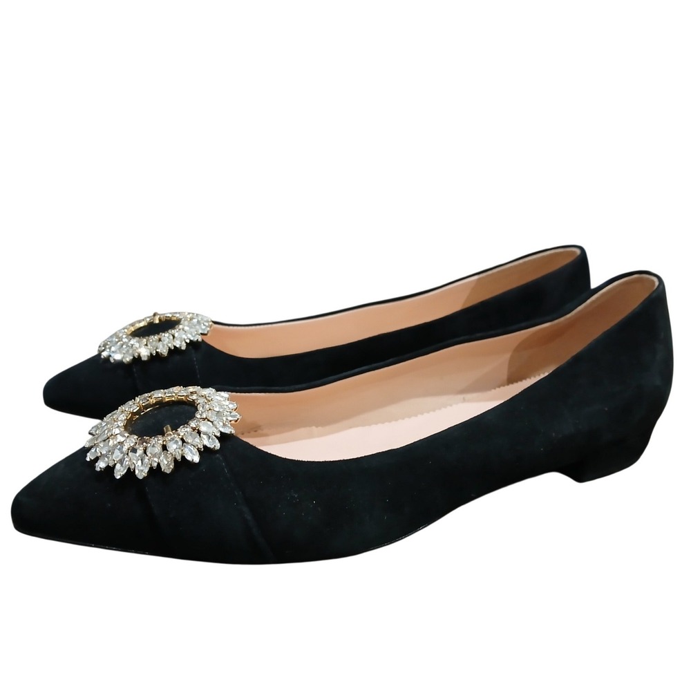 J.Crew Womens Black Suede Crystal Buckle Pointed Toe Flats Shoes Size 9.5 B READ